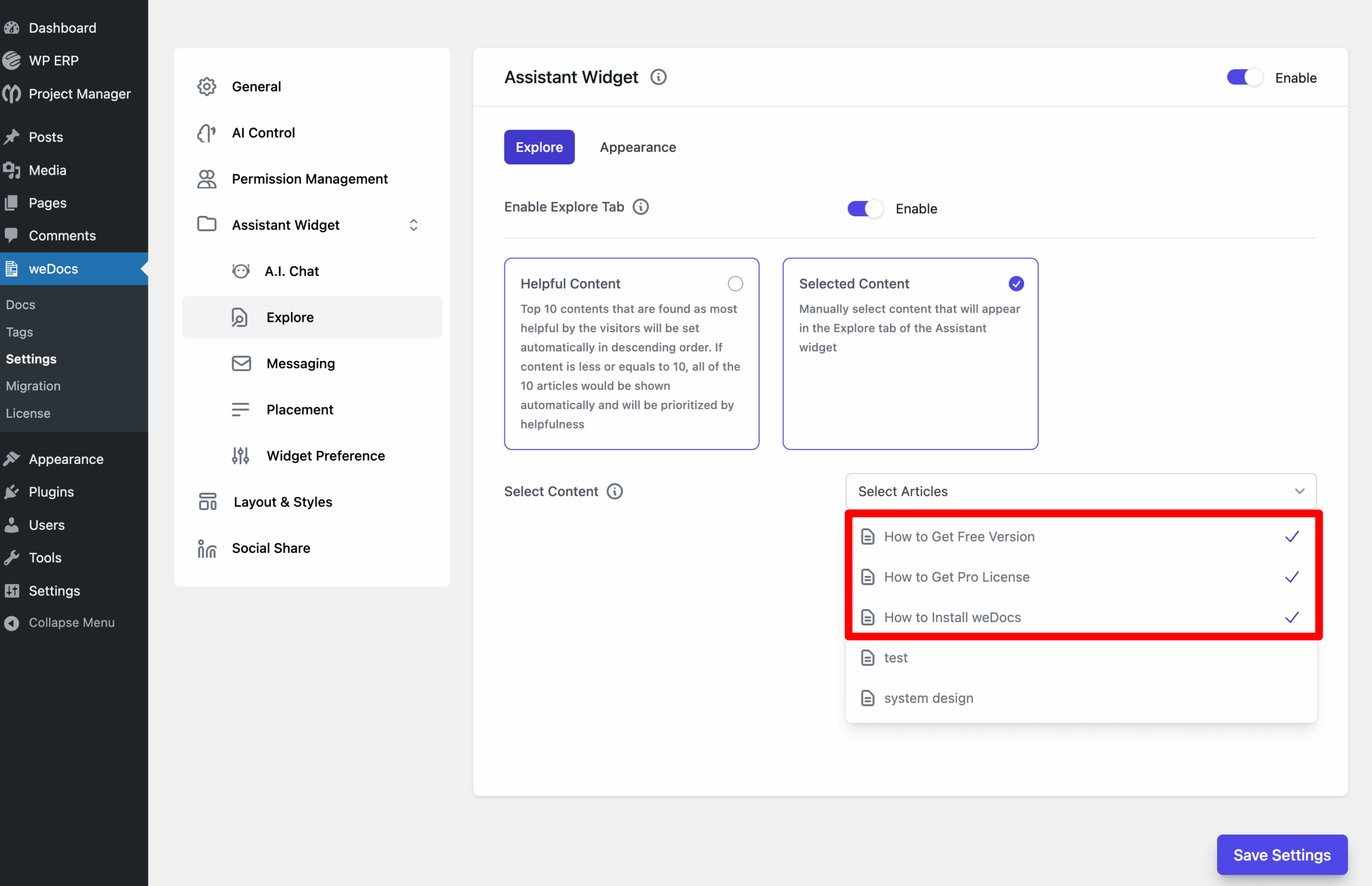 This is a screenshot of Selected Content