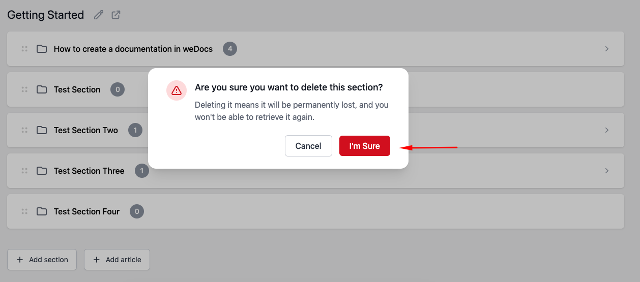 Confirmation message after deleting a section under a documentation in weDocs