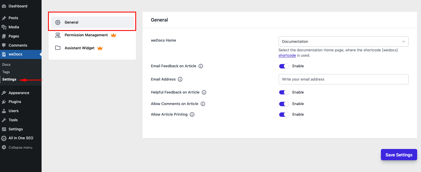 WordPress documentation plugin settings