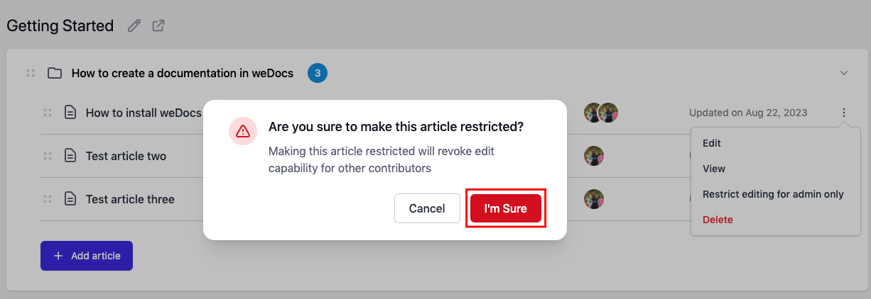 Confirmation message of restricting article