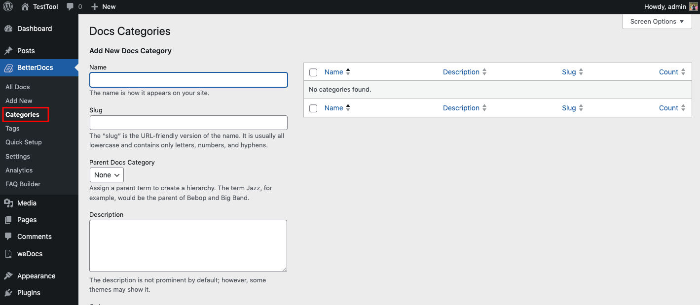 Creating categories in the BetterDocs