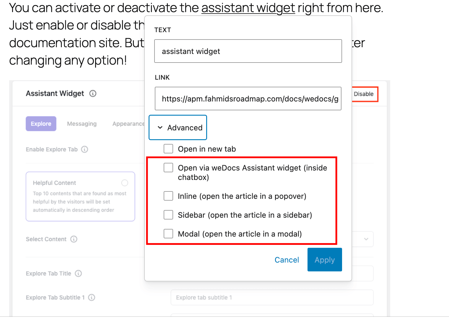 This is a screensot of pop up options