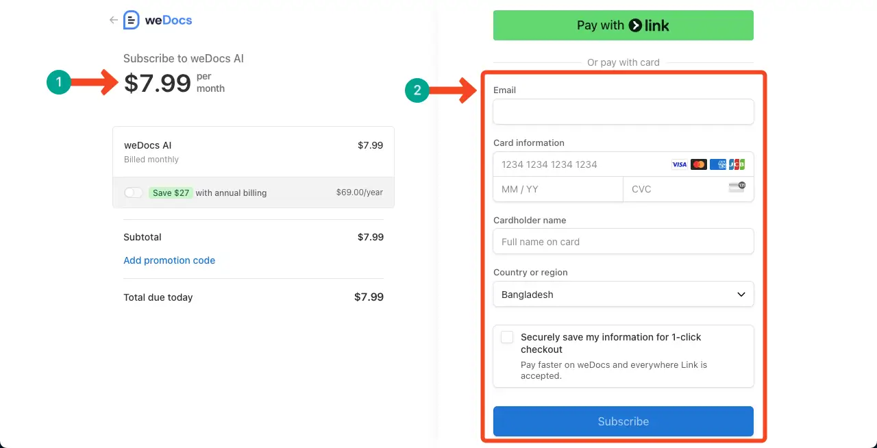 Fill The Checkout Page For Buying Wedocs Ai