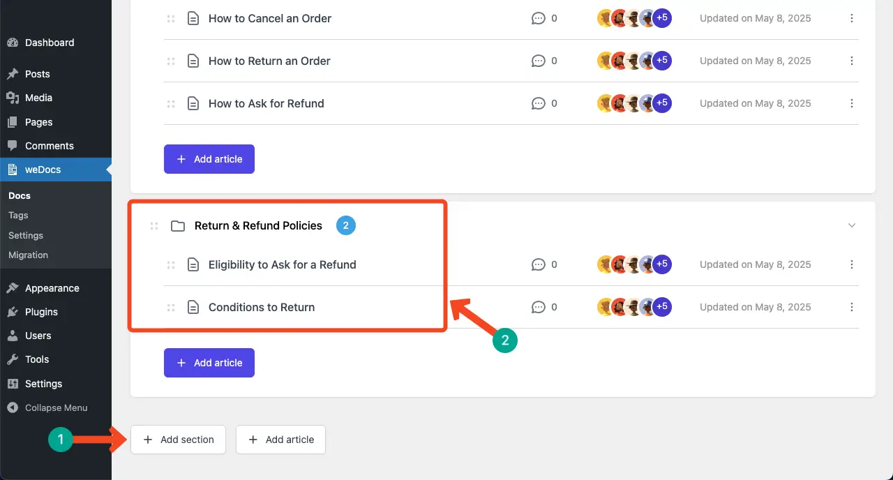 Add more sections to a knowledge base