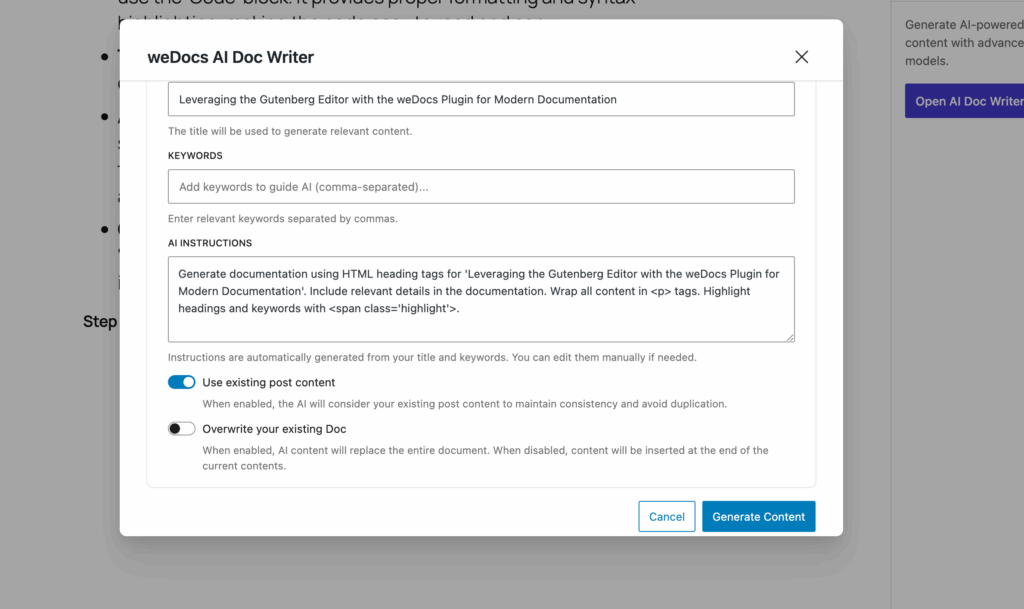 This is a screenshot of AI Doc Writer