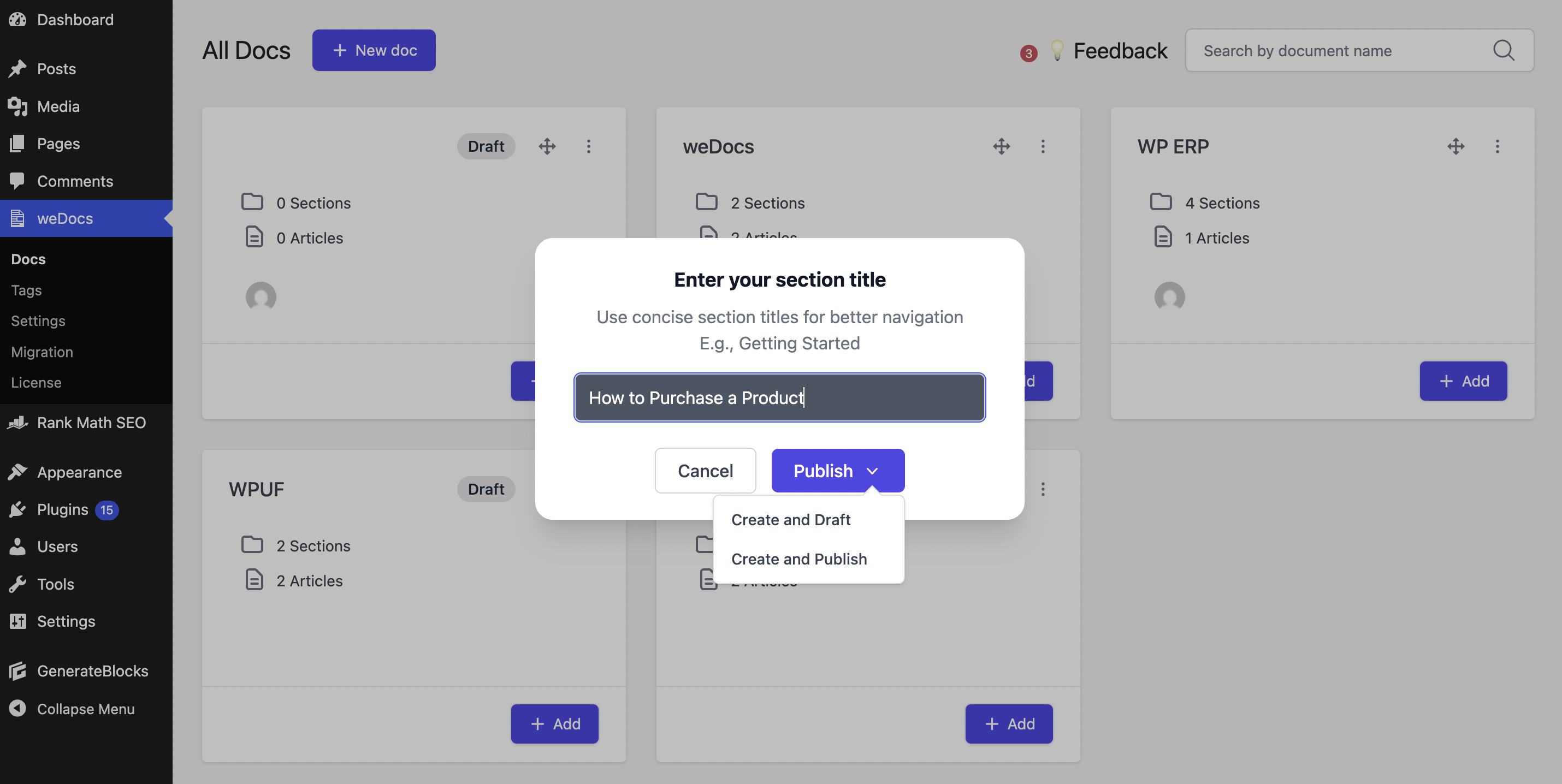 This is a screenshot of creating docs
