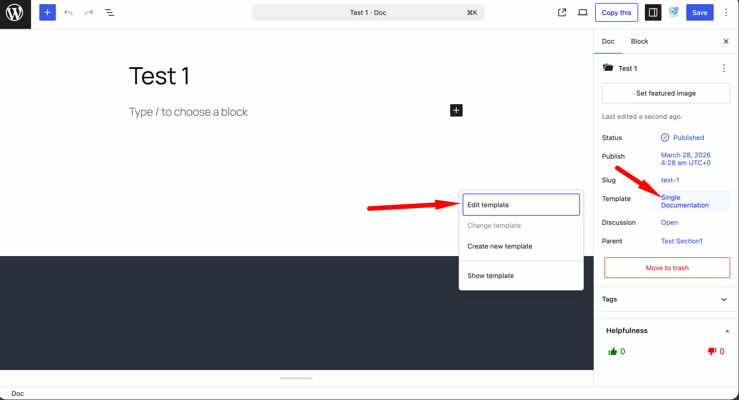 This is a screenshot of edit template button