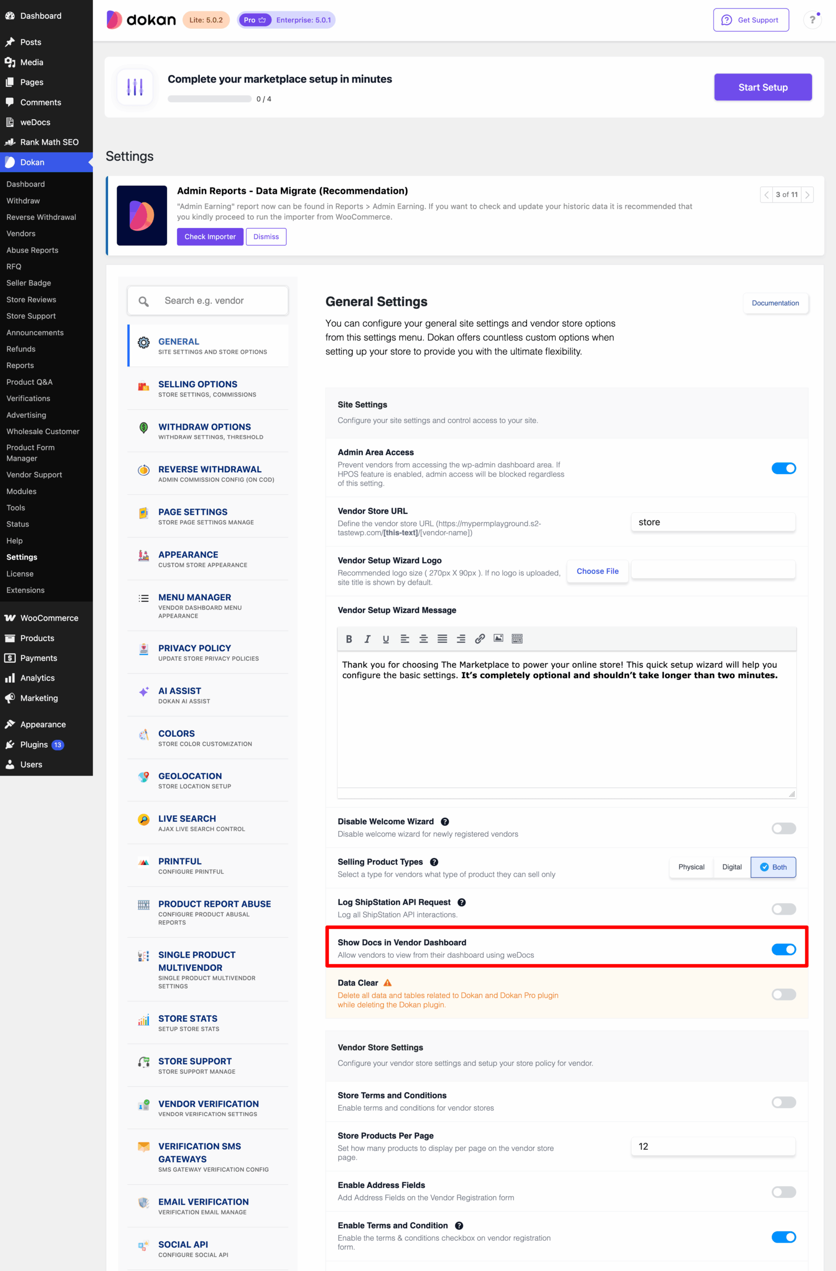 This is a screenshot of enable dokan settings