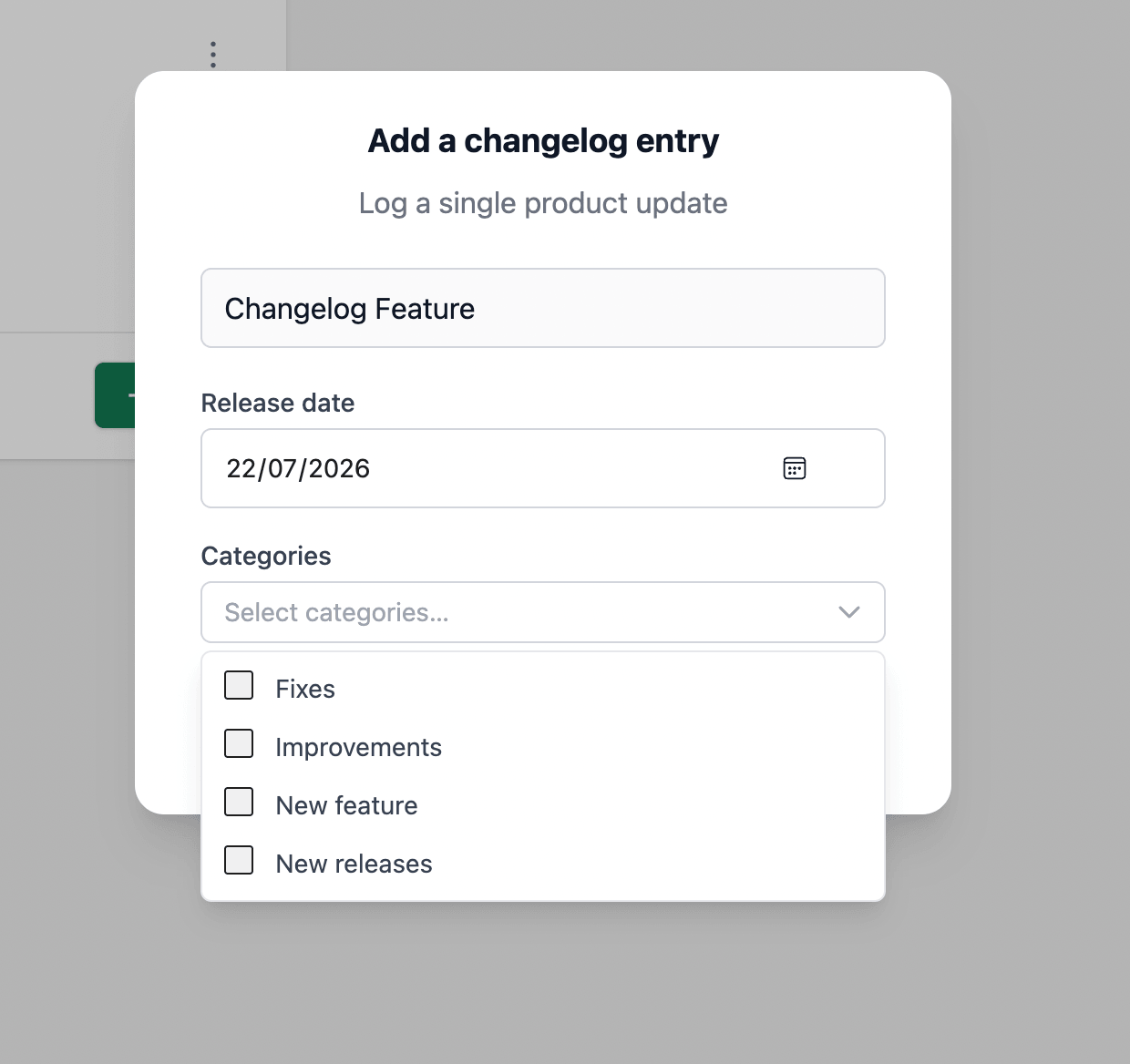 Changelog Entry Pop up