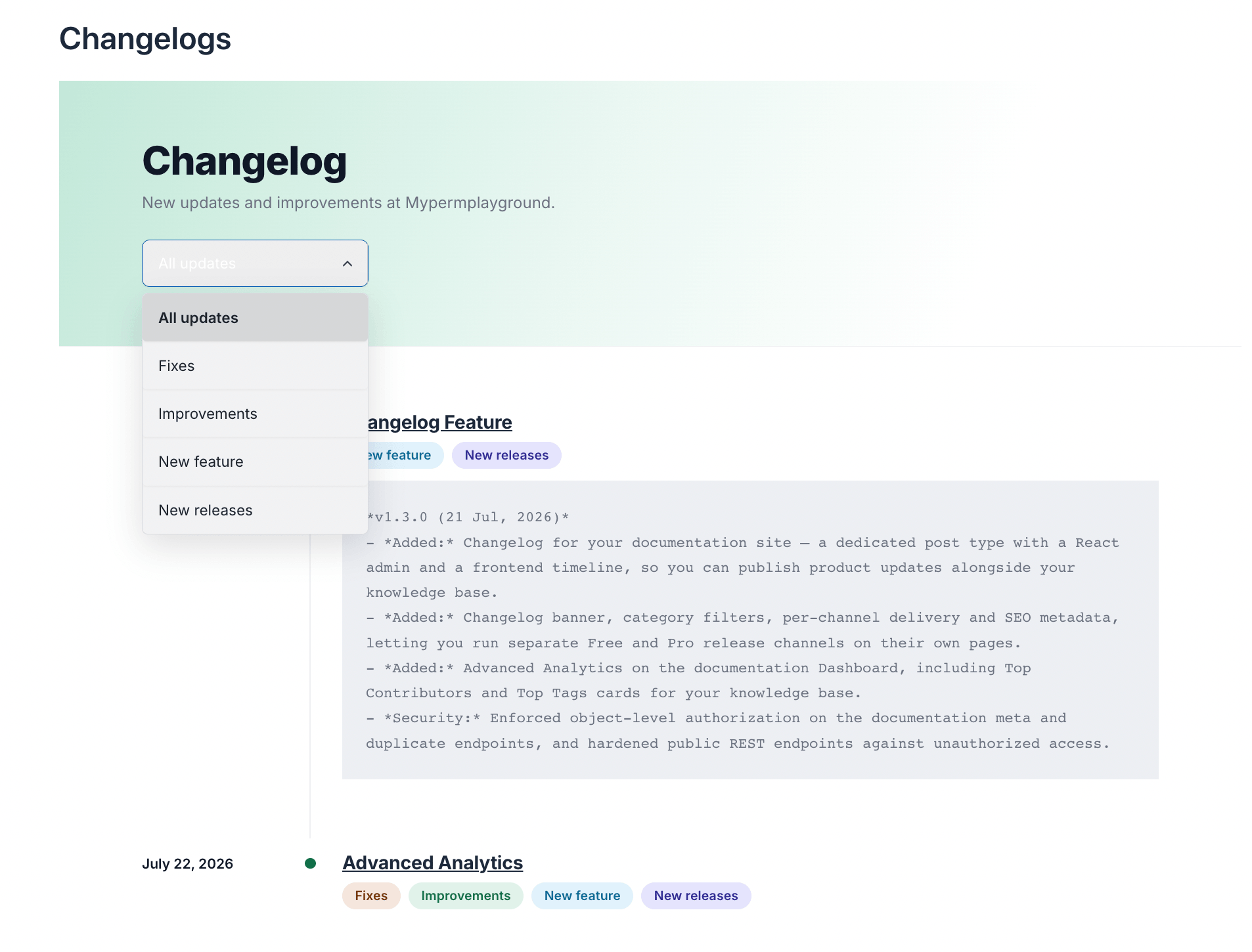 Changelog Frontend with Dropdown