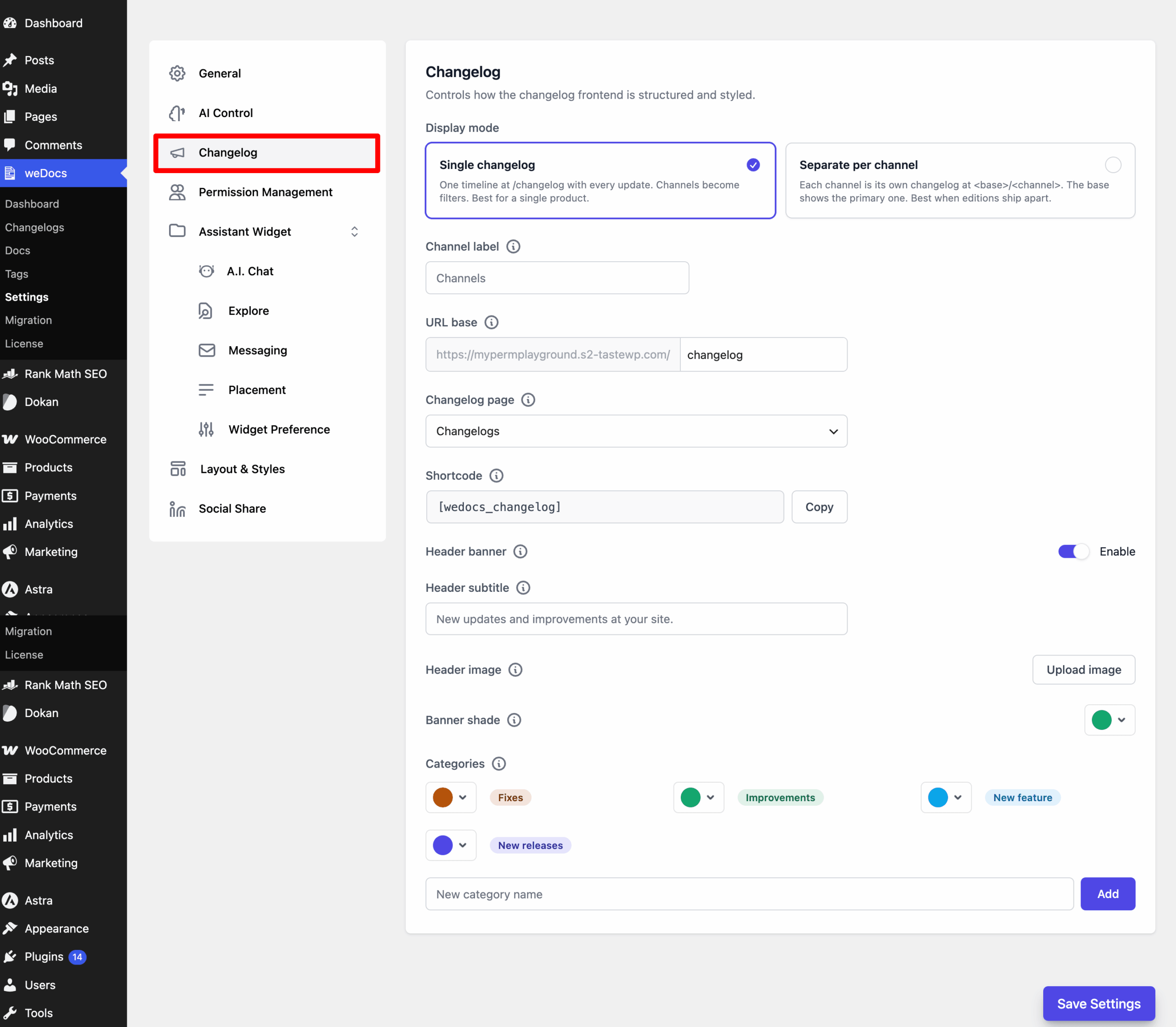 Changelog Settings