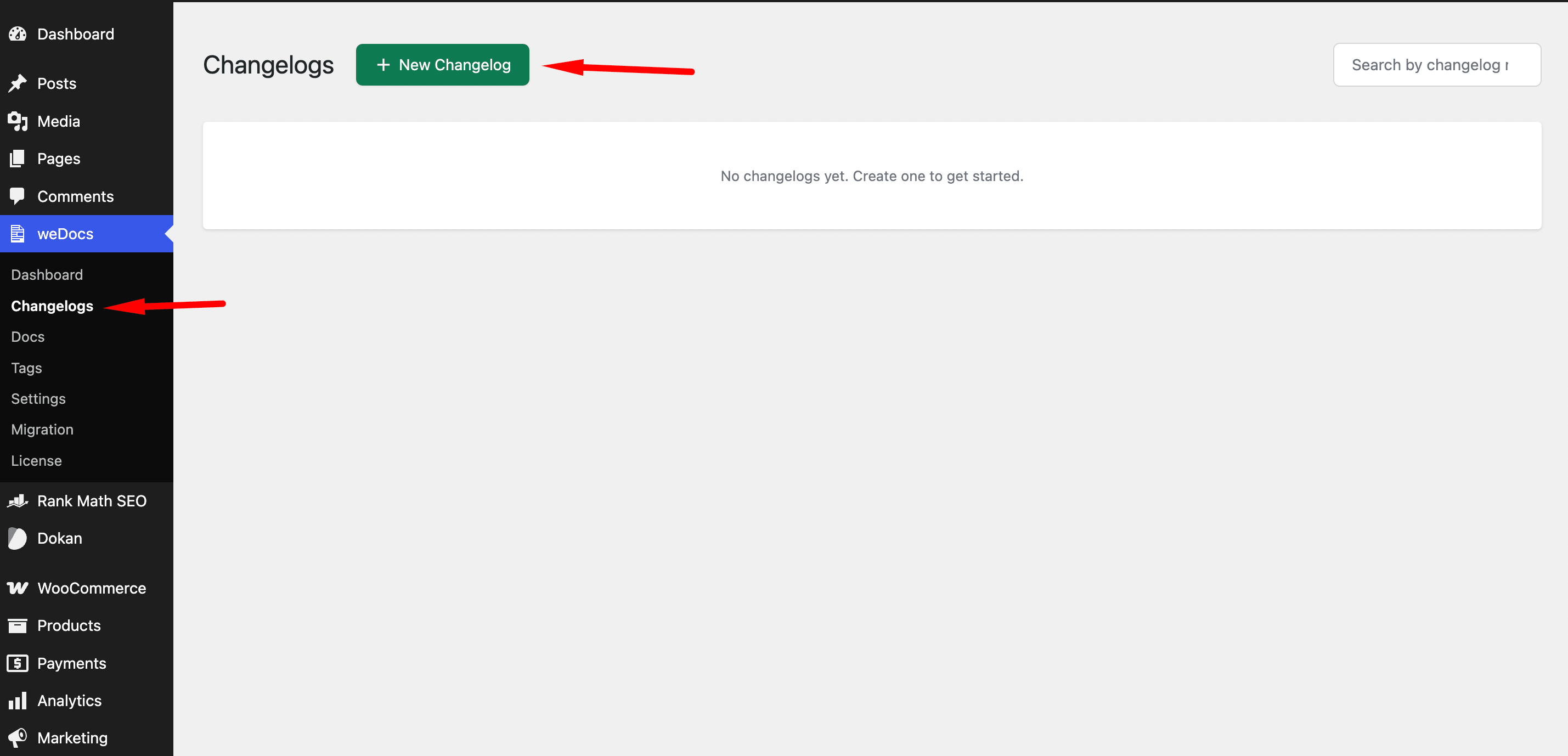 This is a screenshot of creating a changelog