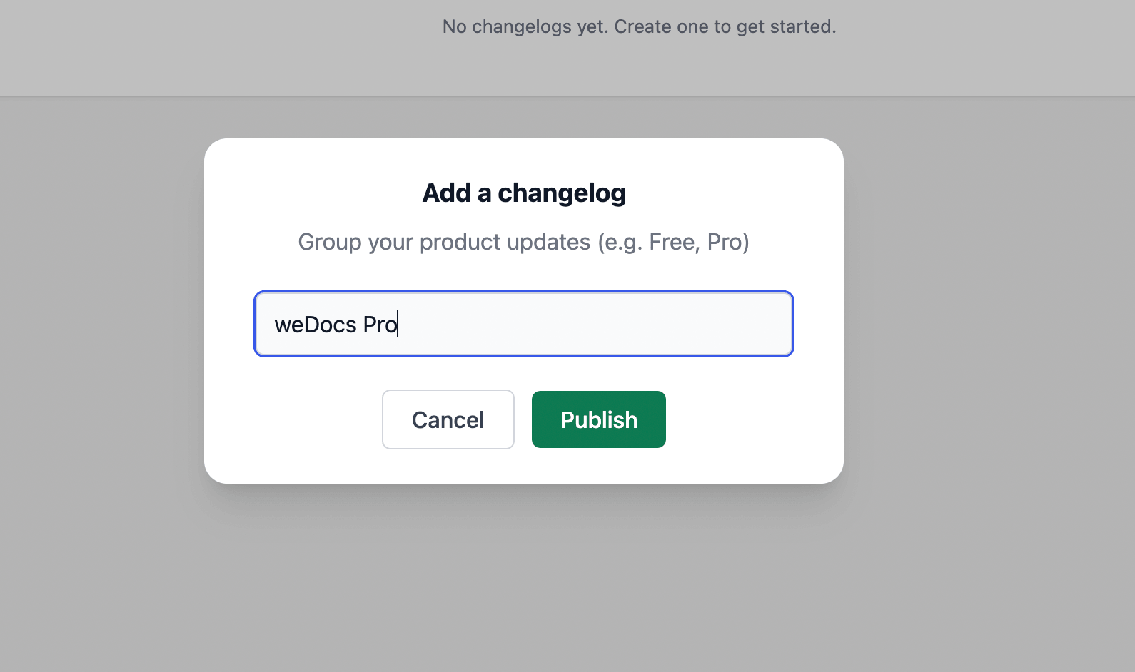 Changelog creation pop up
