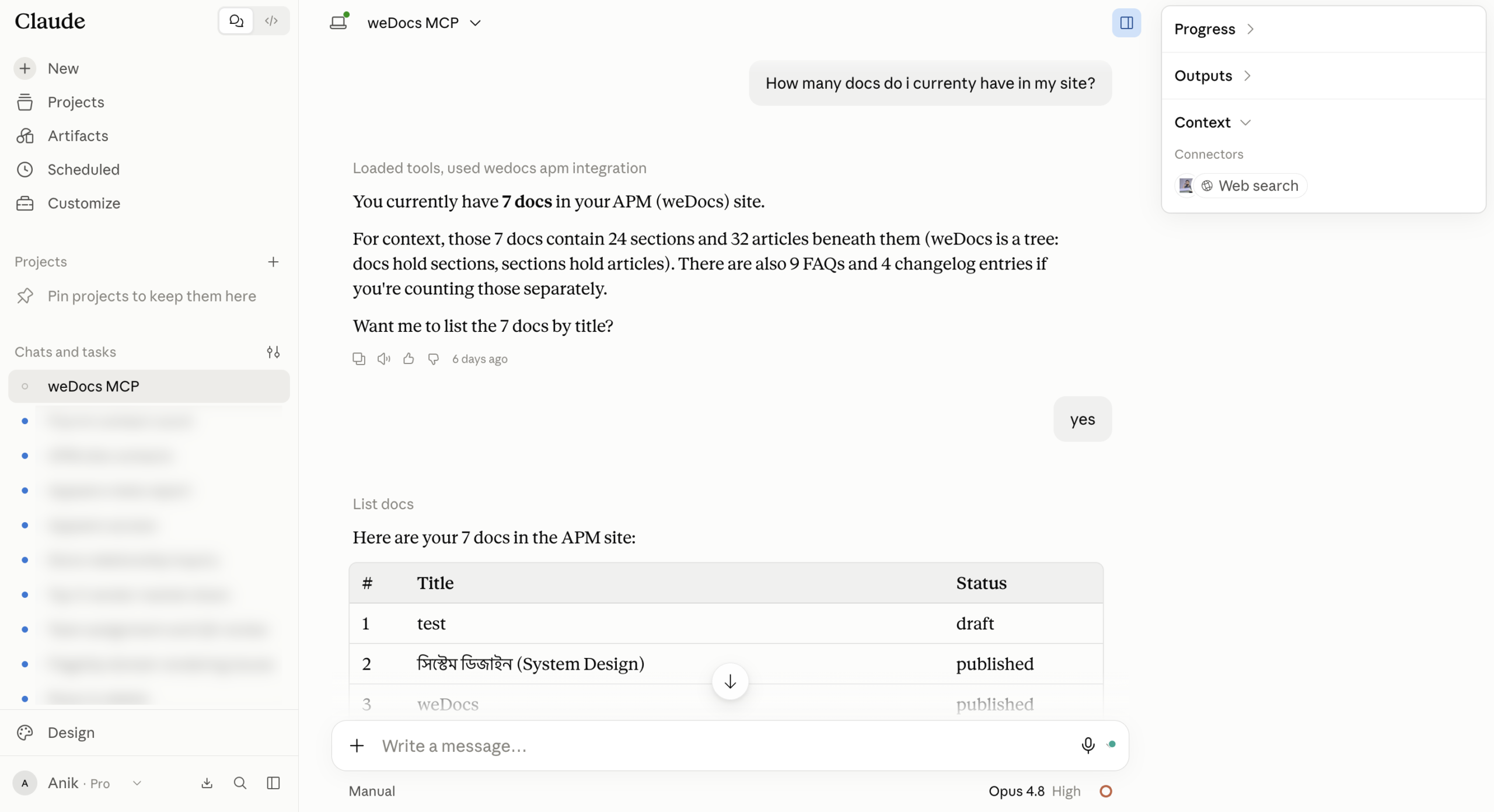 Claude conversation with weDocs site
