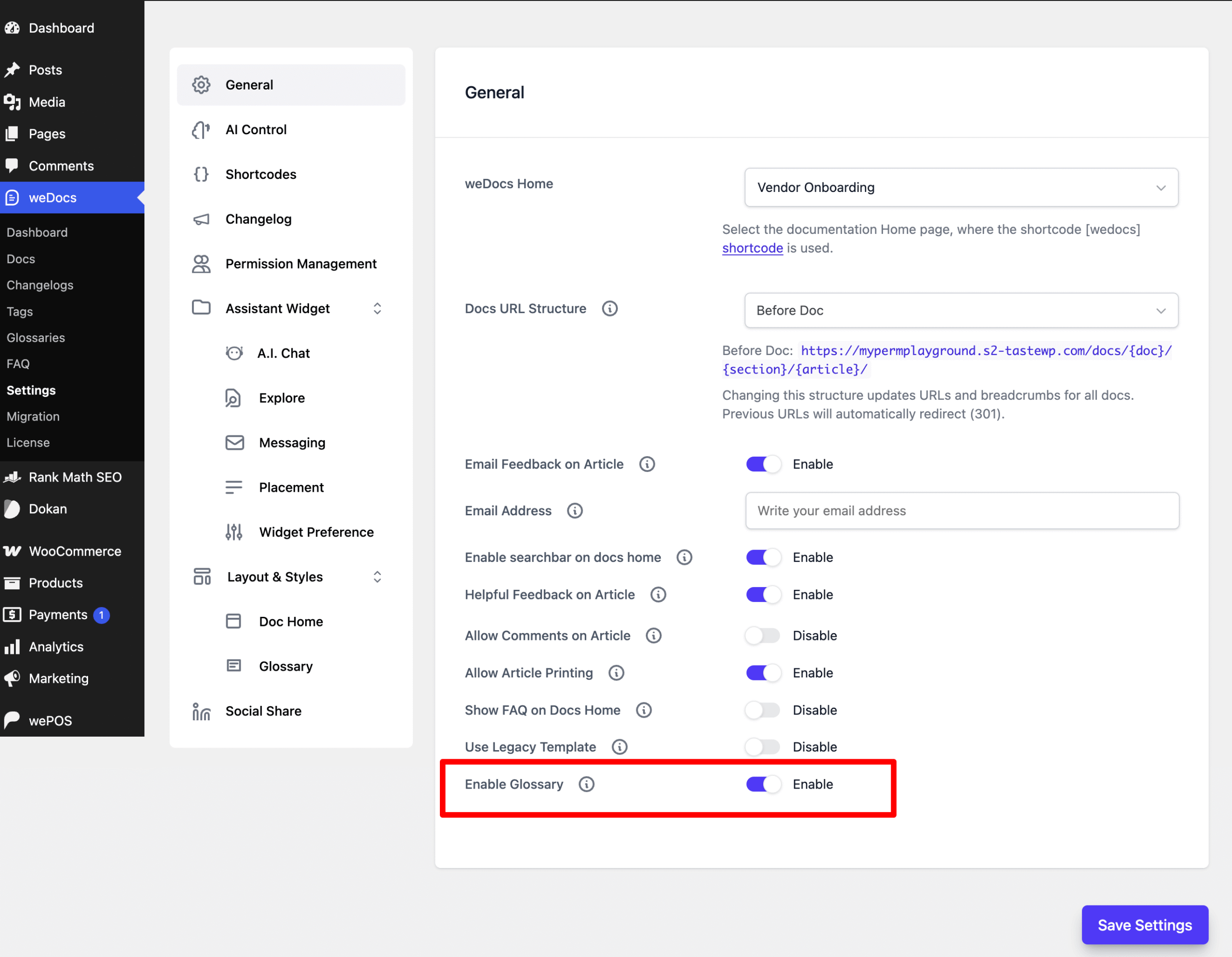 Enable Glossary Settings