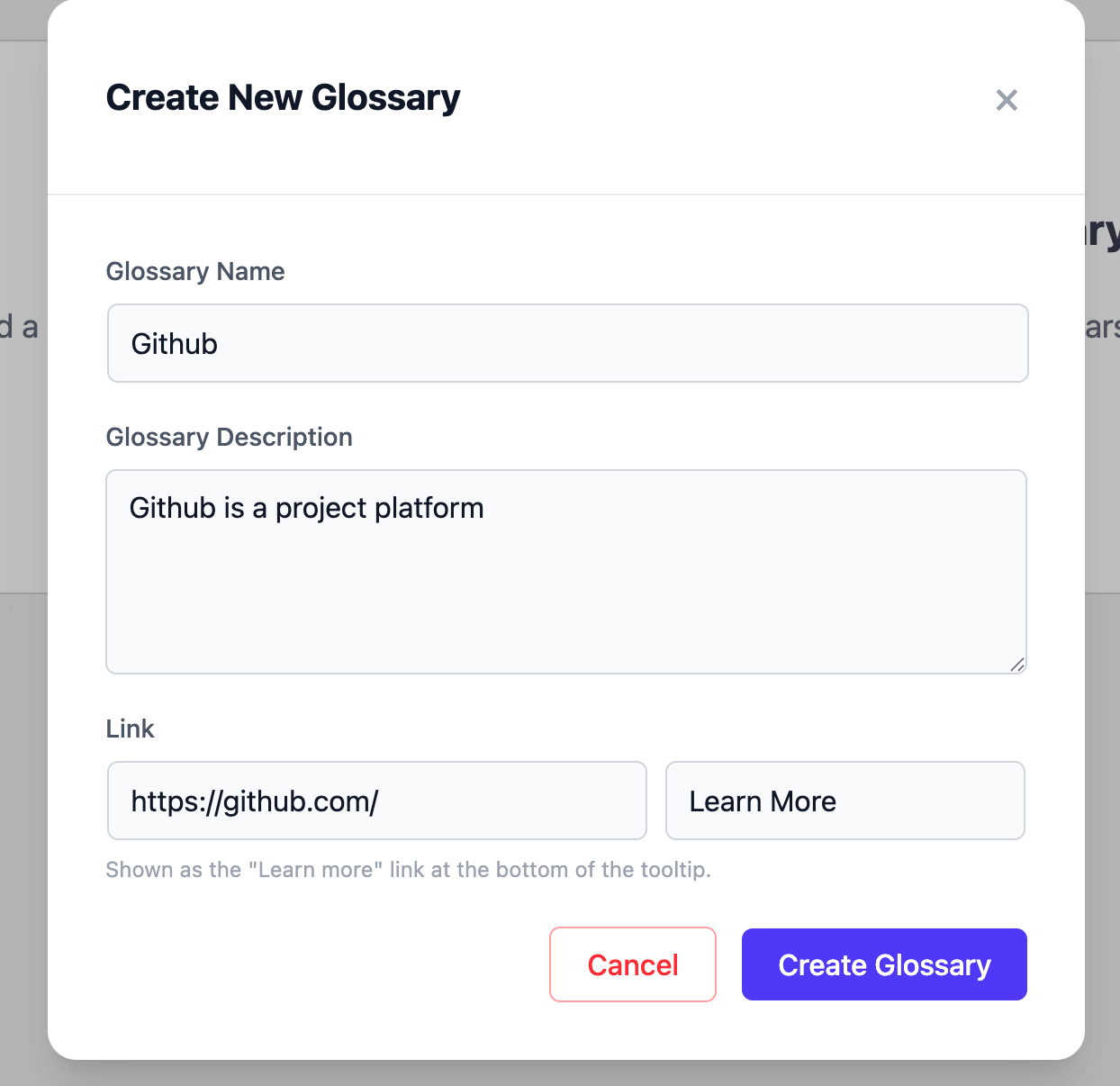 Glossary Pop up