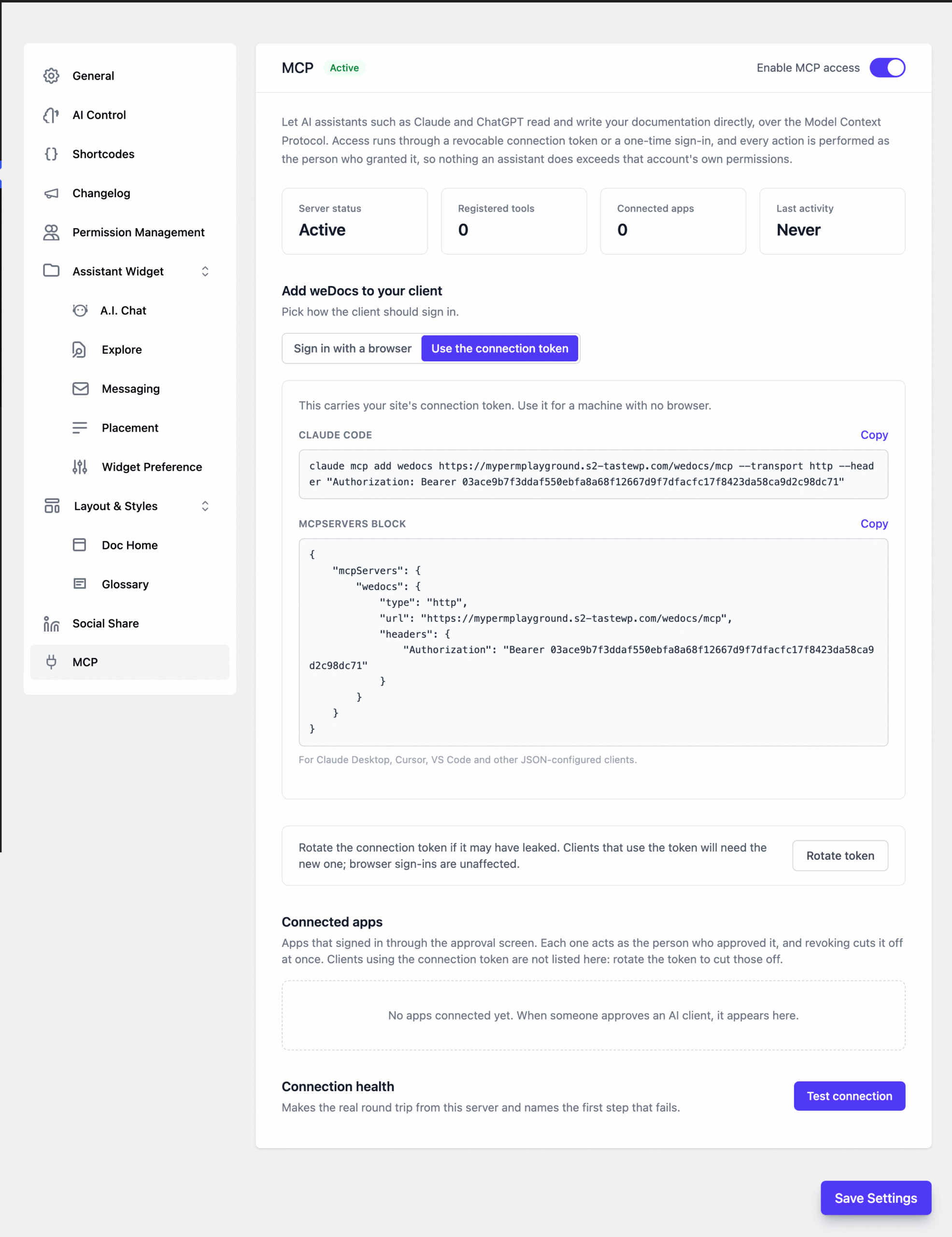 Using the connection token