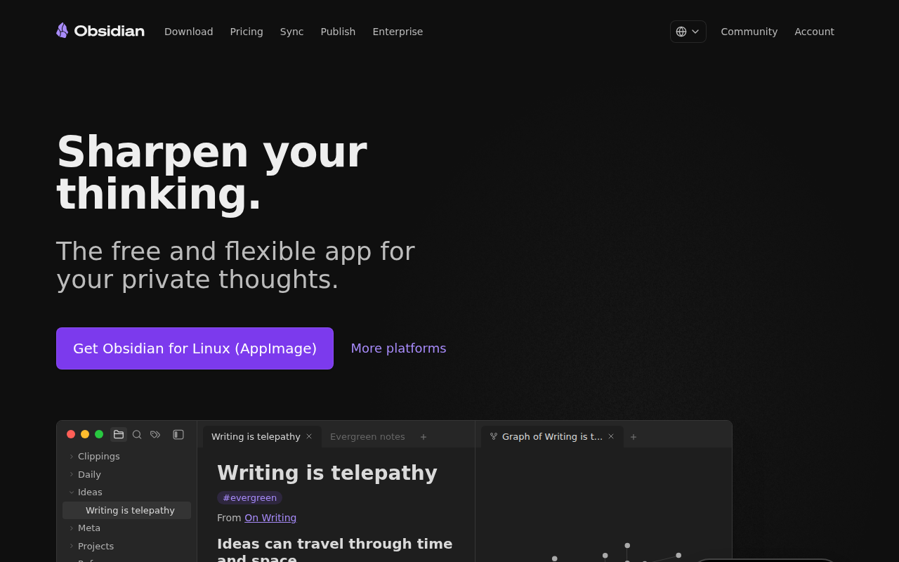Obsidian note taking app screenshot